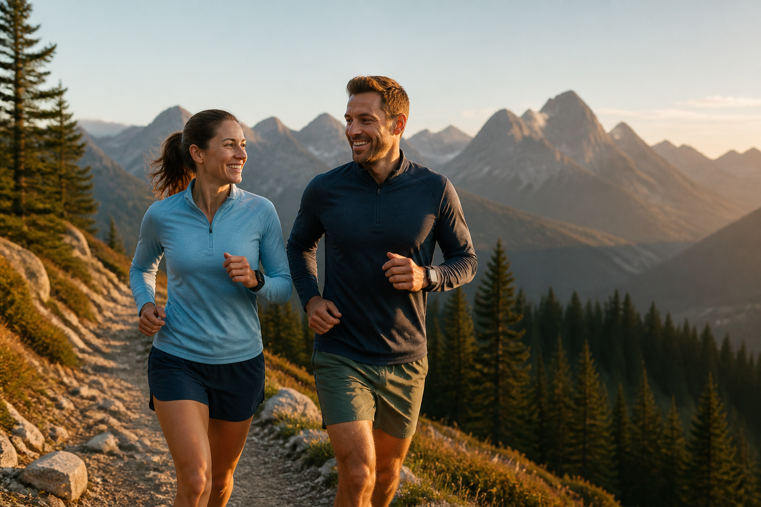 Active couple running together in the mountains